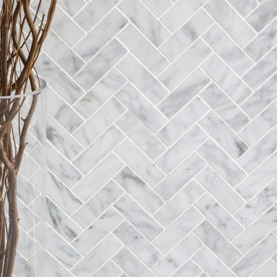 12” x 12” Carrara White Herringbone Mosaic Marble Tile Sheets Polished
