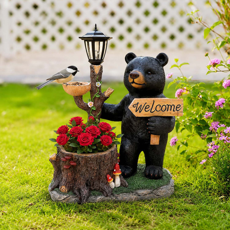 Jardinière décorative à ours noir avec lanterne à énergie solaire - Figurine en polyrésine pour l'extérieur