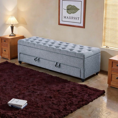 60 Inch Boucle Storage Ottoman with Underseat Drawer, Dual Storage Footrest Bench