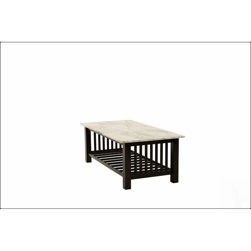 Table basse moderne et contemporaine avec plateau en faux marbre, pieds en noyer antique et tablette de rangement ouverte pour le salon