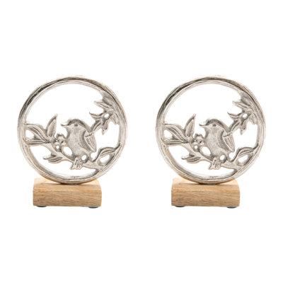 Metal Bird In Ring Frame With Wooden Base - Set Of 2