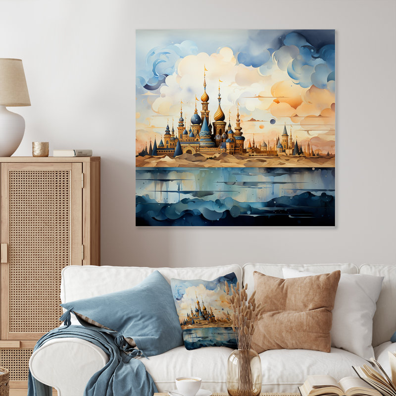 Mosquée bleue et jaune, art mural, H 29 po x l 29 po