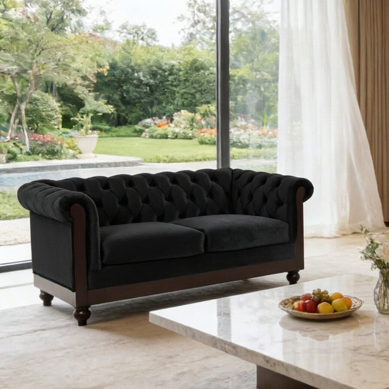 Canapé Chesterfield 2 places rembourré en velours, Noir, noir, noir, noir