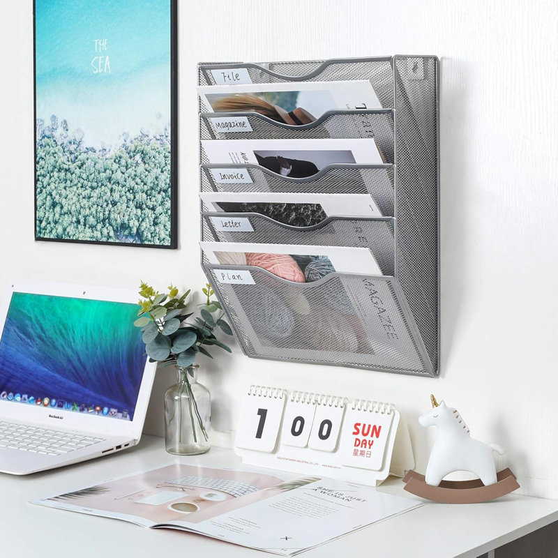 Metal Wall Organizer with Mail Storage, 10.4 cm H x 42.3 cm W x 32.5 cm D, Silver