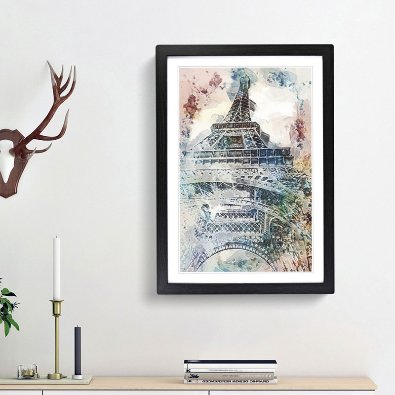 The Eiffel Tower in Paris in Abstract - Picture Frame Painting Print, Black Framed, 65cm H x 48cm W x 2cm D