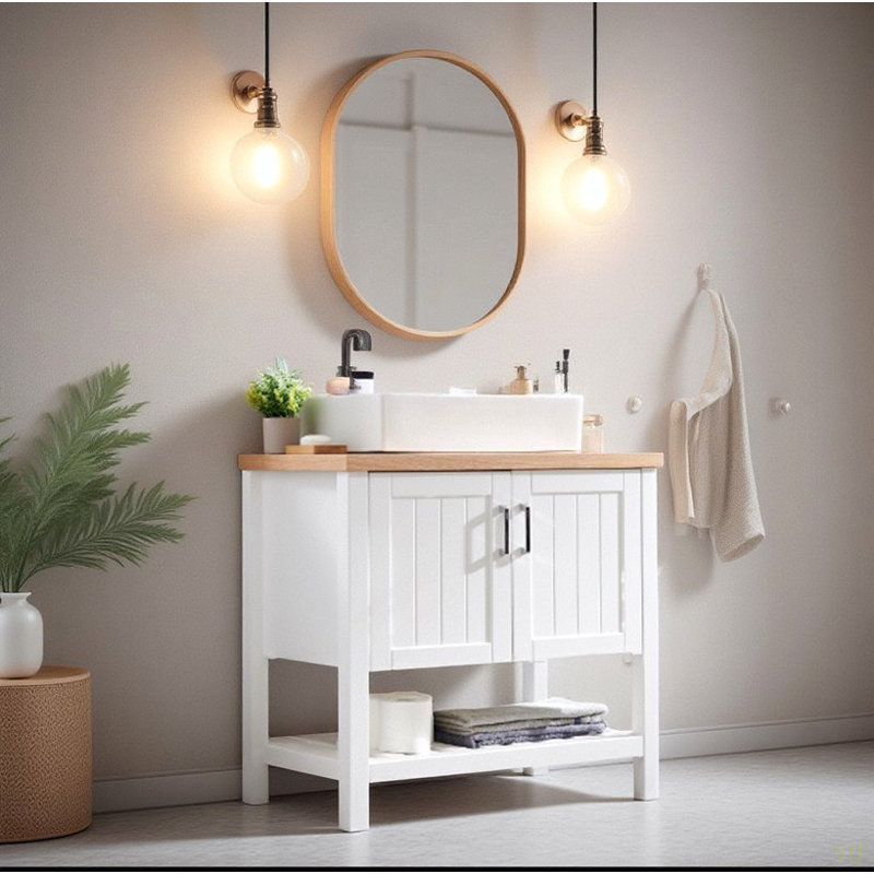 Meuble-lavabo 32 po avec lavabo, meuble-lavabo simple avec portes et tablette ouverte, petit meuble-lavabo en bois massif avec lavabo, pour salle de bain