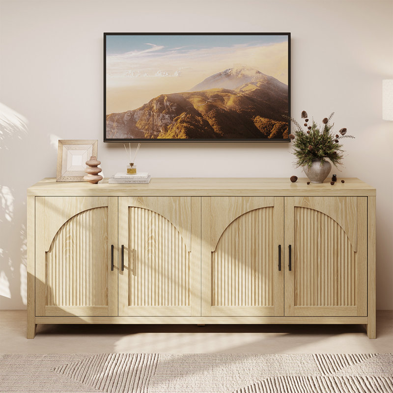 70" TV Stand with Storage, 4-Door Reeded Sideboard Buffet with Cord Management, Mid-Century Media Center TV Console Fits TVs Up to 75"