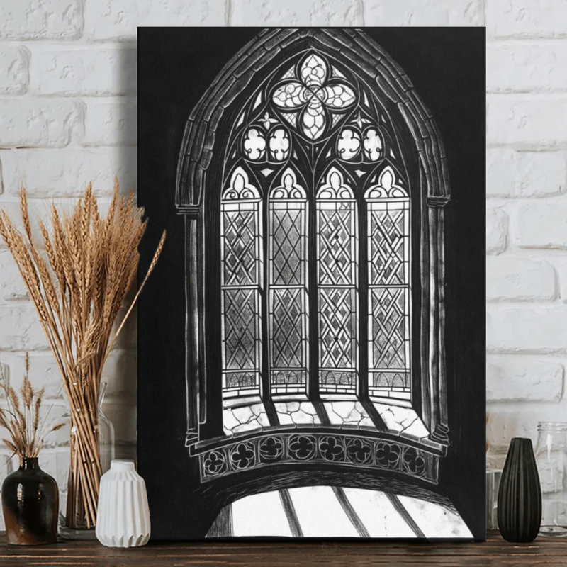 Toile gothique avec entrelacs complexes et motifs de losanges, art mural sur toile - Esquisse détaillée en noir et blanc. Peinture moderne, galerie profonde de 1 po, 24 po x 36 po