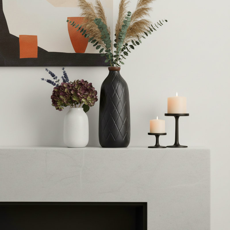 Decorative Textured Ceramic Table Vase for Home Decor Accent - Plaid Pattern Flower Vase for Shelf and Living Room Decor