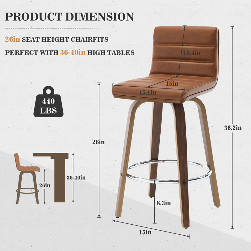 Tabouret de bar et de comptoir pivotant rembourré, Tabouret de comptoir (siège d'une hauteur de 26 p, Caramel