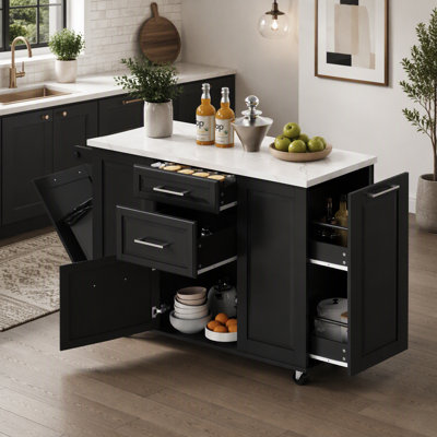 Îlot de cuisine de 50,7 po avec armoire à poubelle inclinable, organisateur coulissant, abattant et 2 tiroirs sur roulettes verrouillables