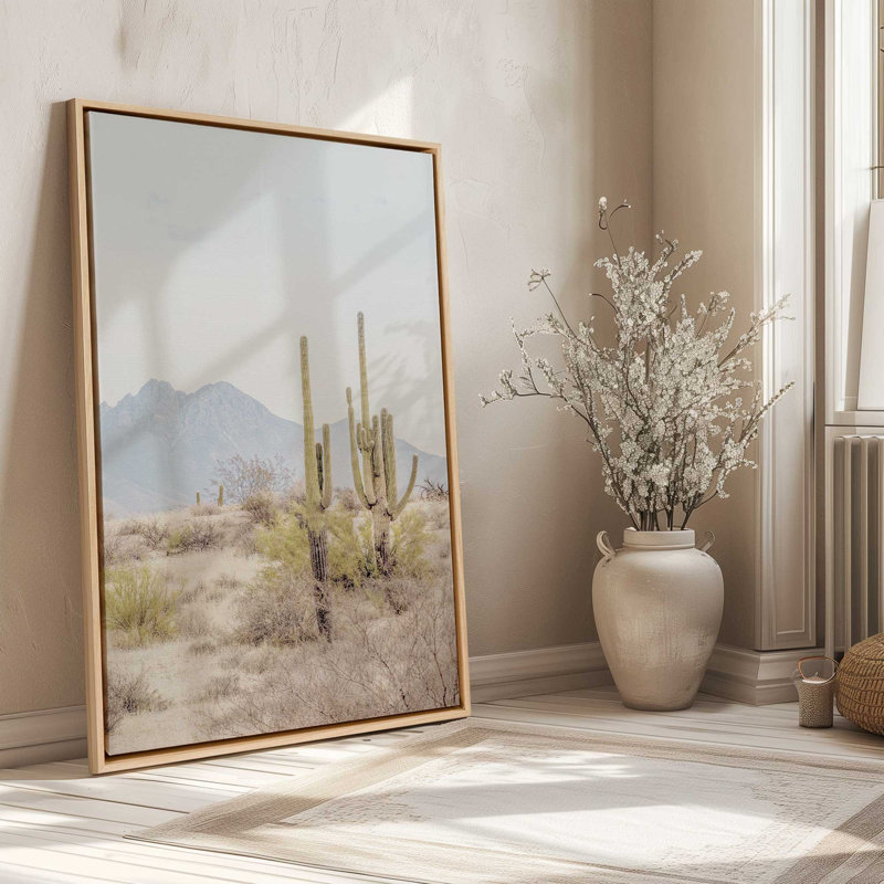 Impression sur toile roulée Mountain Cactus Scene, Cadre flottant noir satiné, H 36,75 po x l 24,75 po x P 1,75 po