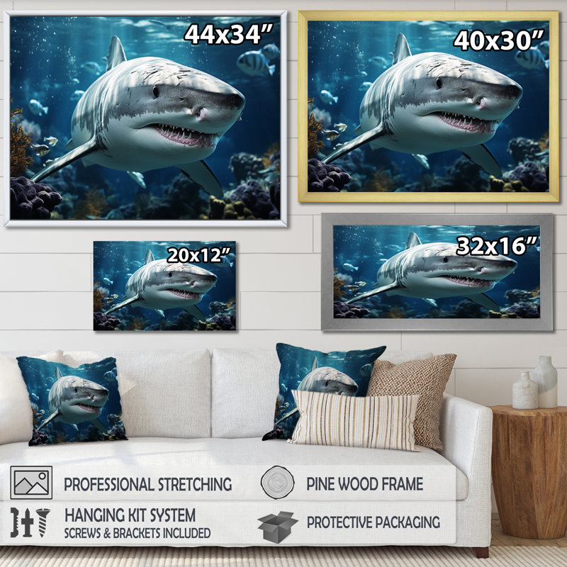 " Teal Gray Shark Marine Symphony ", 24" H x 32" W x 1" D, Black Picture Framed