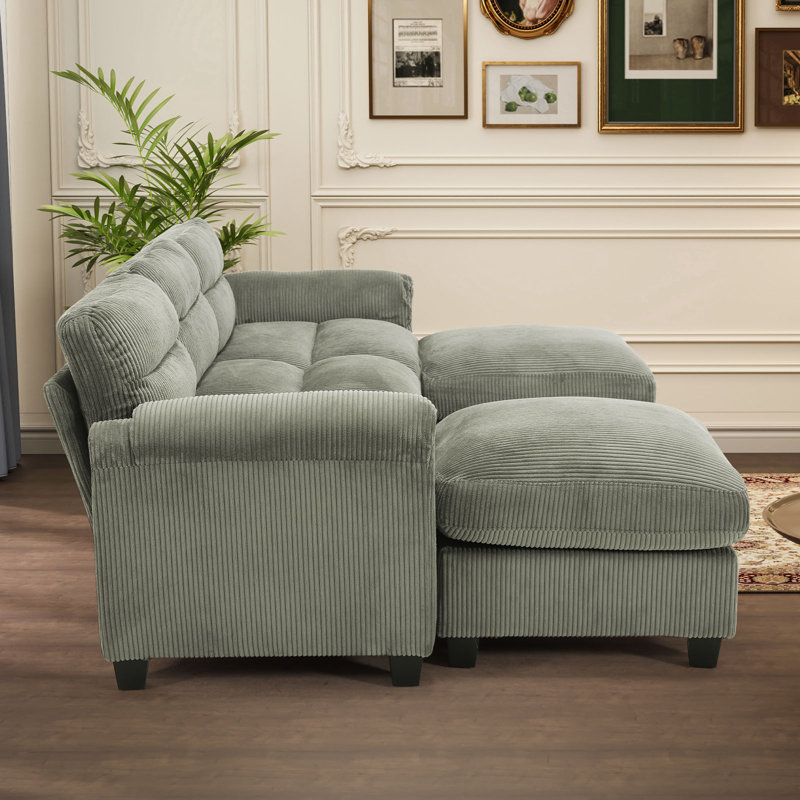 Canapé modulaire rembourré en velours côtelé 5 pièces Efaz, 2 repose-pieds, accoudoir à plateau-coussin, Velours côtelé vert
