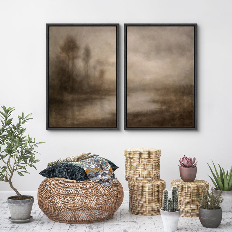 «Warm Misty Riverbank with Trees in Soft Neutral Tones», reproduction d'art sur toile encadrée dans la chambre principale, 2