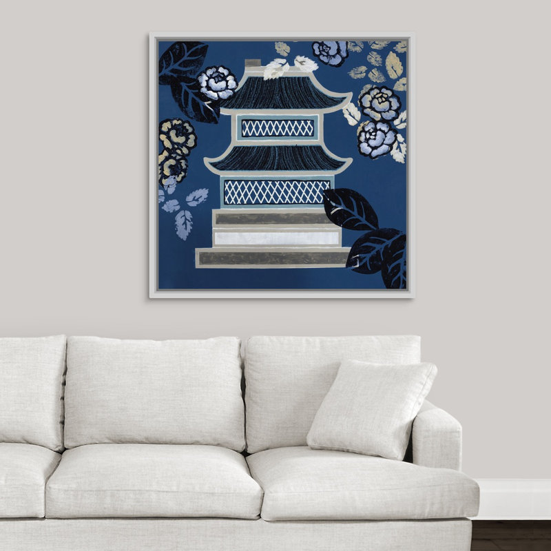 « pagode ii », peinture sur toile, H 37,7 po x l 37,7 po x p 1,75 po, Cadre flottant blanc