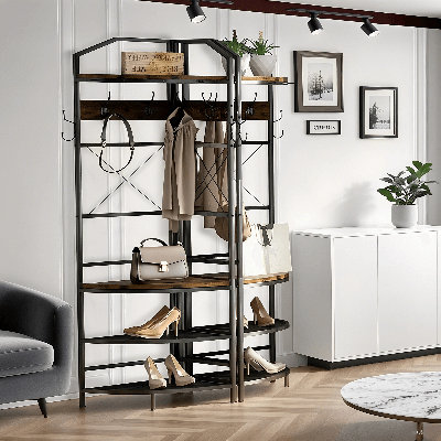 4-Tier Corner Coat Rack With Storage, Farmhouse Freestanding Corner Hall Tree With Bench And 12 Metal Hooks, Multifunctional Entryway Shelf Organizer