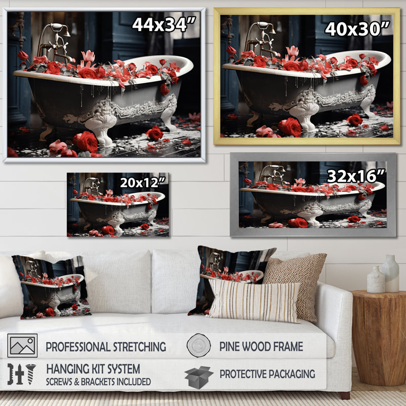 Red Floral Bath II - Laundry Art mural, H 34 po x l 44 po x P 1,5 po, Cadre flottant doré