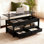 Table basse à plateau relevable avec tiroirs et compartiment caché