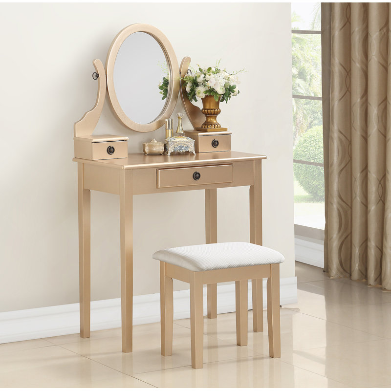 Wood Moniya Makeup Vanity Table And Stool Set, Gold