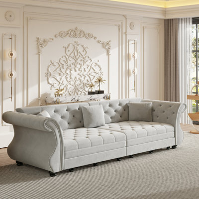 Oversized  Chesterfield Pull Out Sofa Bed, Classic Roll Arm Velvet Couch with Flower Tufting, Upholstery for Living Room/Bedroom/Apartment
