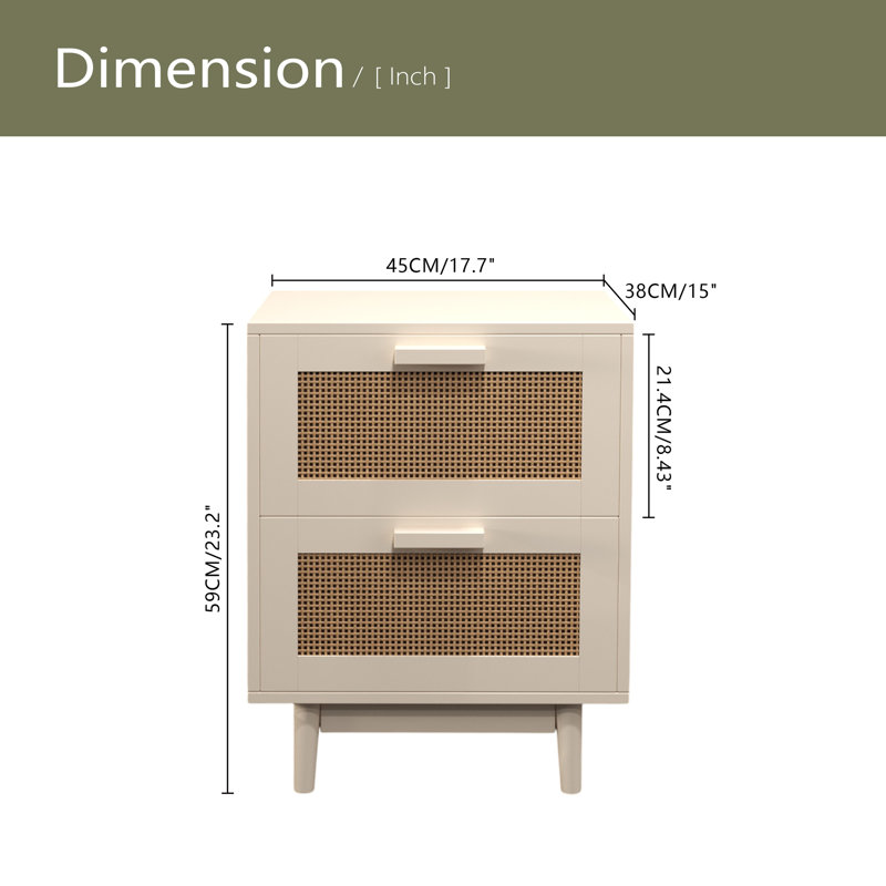 Rattan Nightstand, Wood End Table, Side Table With 2 Faux Rattan-Decorated Drawers