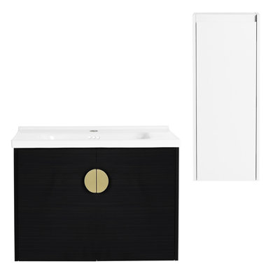 Bathroom Vanity With Ceramic Sink And Side Storage - Black Chestnut, Modern Framework Element Shelf Configuration