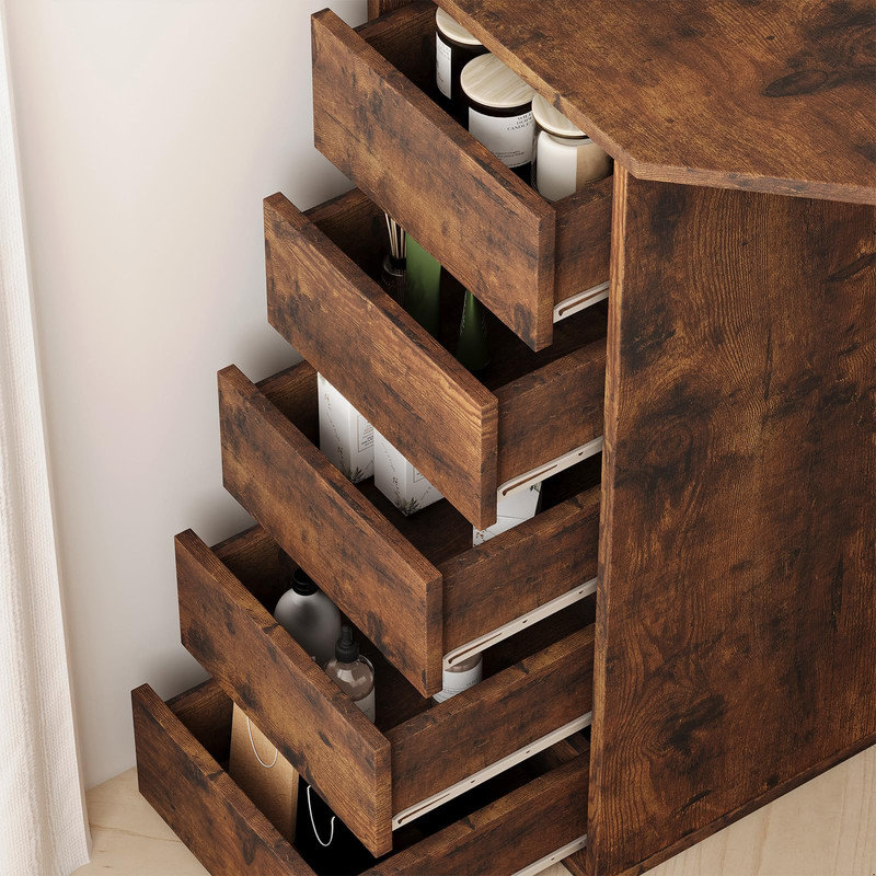 Bureau de coin de meuble-lavabo avec lumières miroir, tabouret et ports USB, Brown