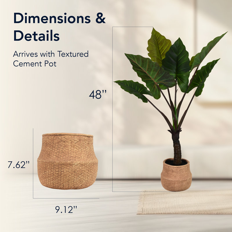 Arbre de taro artificiel réaliste en pot de ciment artificiel pour la maison ou le bureau - 48 po