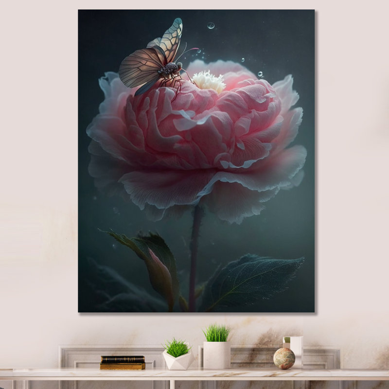 Fleur rose avec papillons en fleurs - impression, H 32 po x l 24 po x P 1 po, Toile tendue