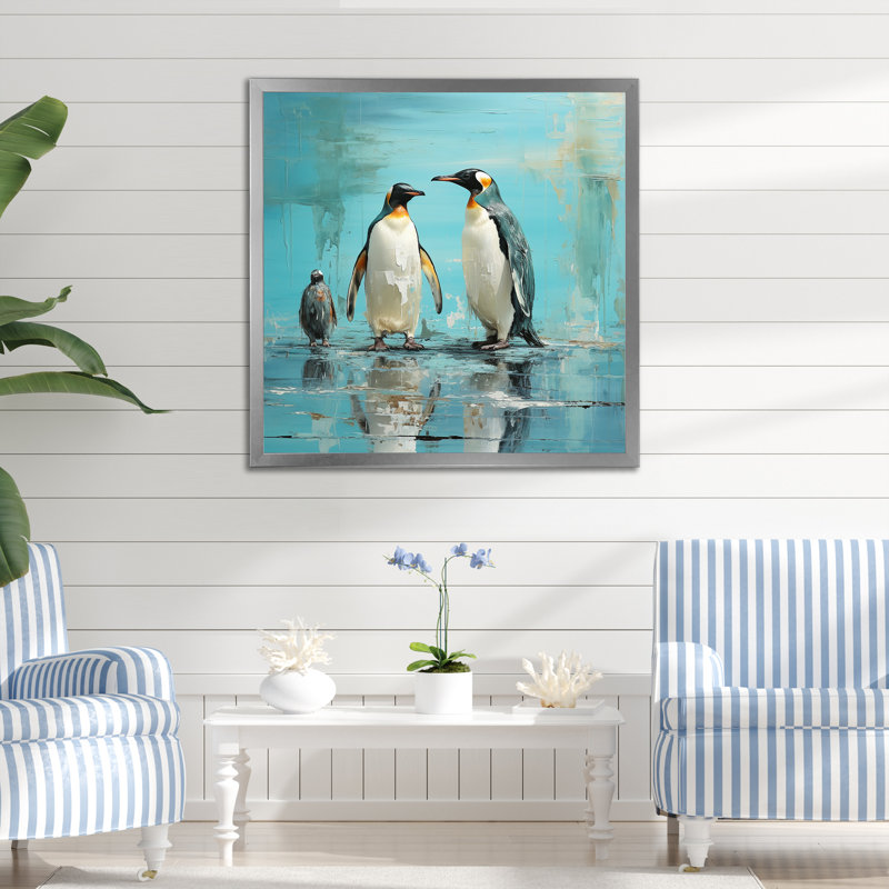 " Penguin Family Elegance In Snow II ", Silver Single Picture Framed, 24" H x 24" W x 1" D