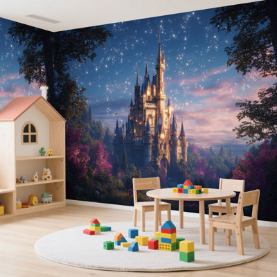 Peel and Stick Wallpaper 144" L x 100" W Modern Self Adhesive Wall Mural for Bedroom Majestic Castle Forest Starry Sky