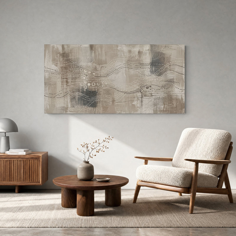 Toile abstraite à pois et cercles sur fond taupe, L 58 po x H 28 po