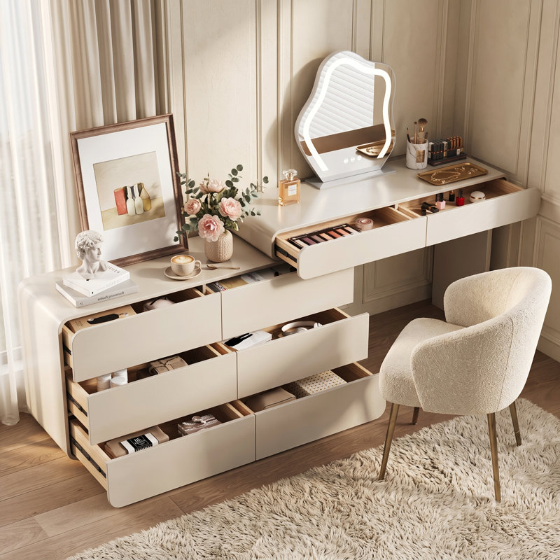 Meuble-lavabo moderne extensible avec armoire de rangement à 8 tiroirs, table de maquillage réversible en forme de L