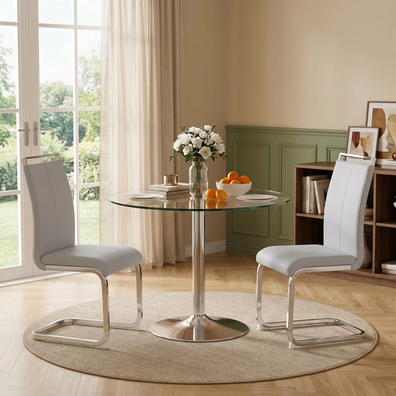 Modern Faux Leather Upholstered Dining Chairs Set of 2 with Chrome Base and Handles, Light Gray