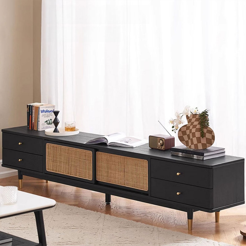 78.74" Black Solid Wood+Rattan+Brass TVStands, 86.61"