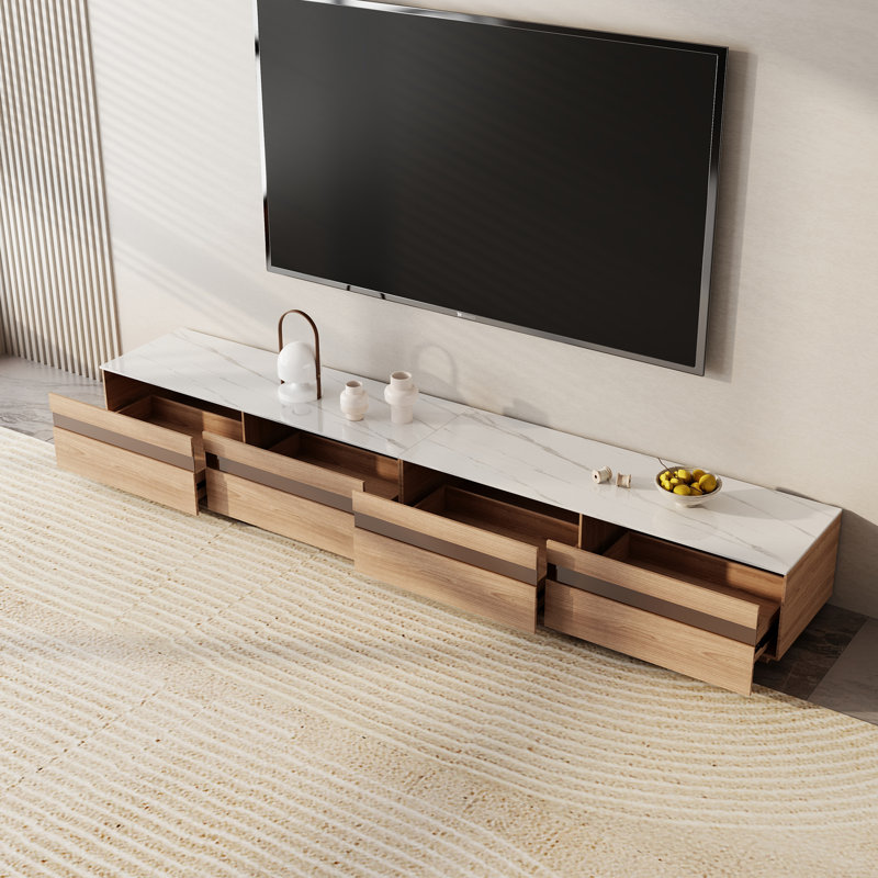 Modern Light Wood TV Stands, Stone Table-top, 3-6 Drawers, Fully Assembled, 12" H x 94.5" W x 15.7" D