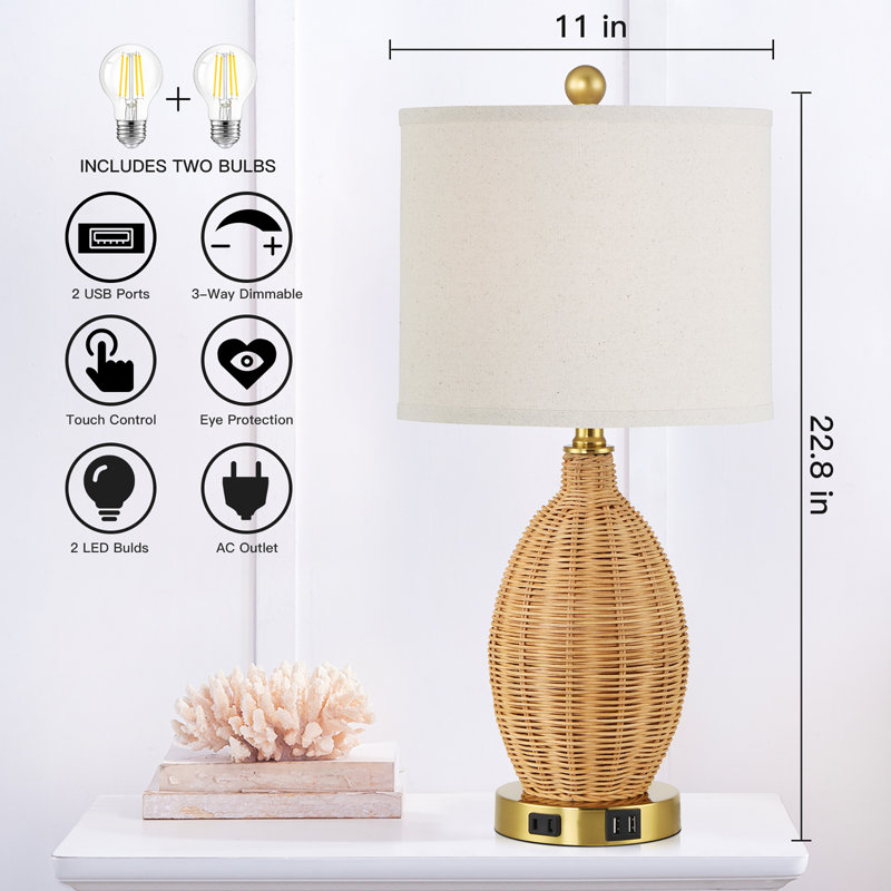 Allice 22.8 in. Bamboo Table Lamp Set with Dual USB Ports and Built-In Outlets