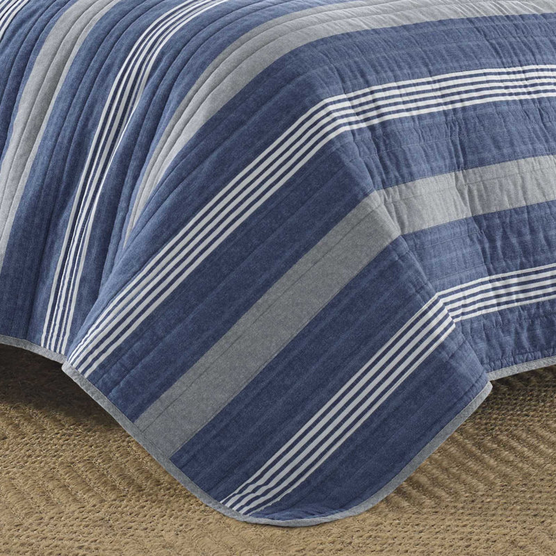 Twin Blue Cotton Reversible Quilt Set with Shams
