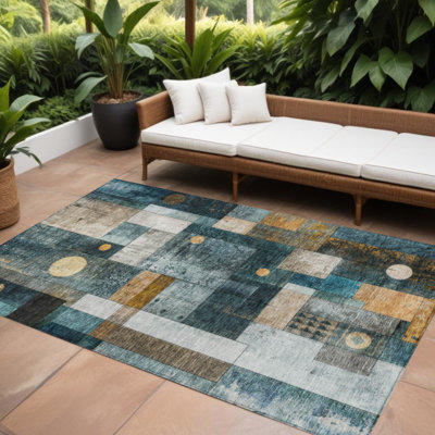 Tapis d'extérieur lavable à motif géométrique bleu sarcelle et gris 10 'X 14'