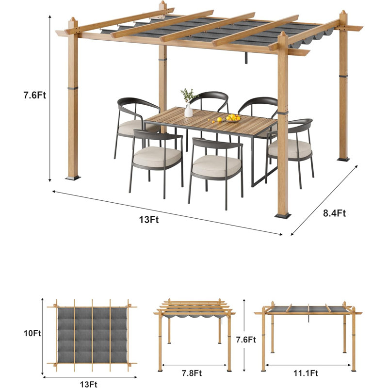Aluminum Pergola, Outdoor Metal Pergola, 11.03" H x 16.54" W x 59.85" D, Gray/Natural