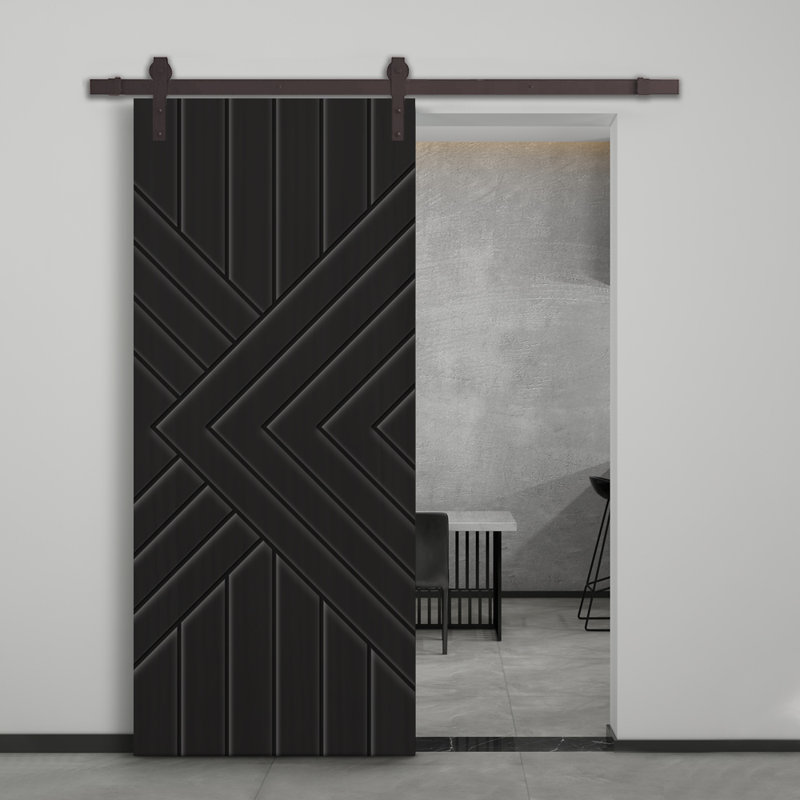 Porte de grange à panneaux et en bois manufacturé avec quincaillerie d'installation, 24 po x 80 po, Noir, Noir mat
