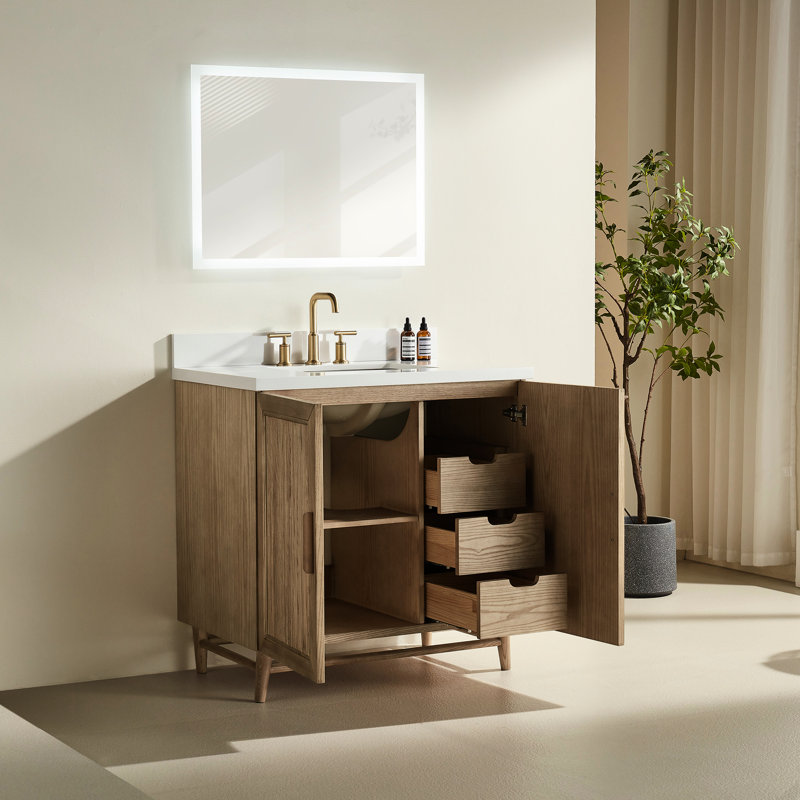 Meuble-lavabo sur pied de 91 cm (36 po) avec lavabo simple, structure en bois massif, comptoir blanc composite, armoire assemblée en usine, dosseret de comptoir, vasque carrée et quincaillerie à fermeture amortie.