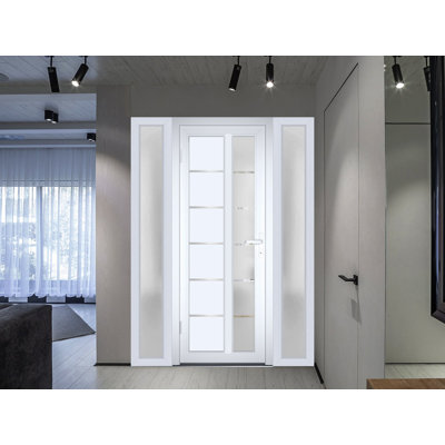 Front Exterior Prehung FiberGlass Door Frosted Glass / Manux 8088 White Silk / 2 Side Exterior Windows / Office Commercial and Residential Doors Entrance Patio Garage-W12+36+12" x H80"-Right-hand Inswing