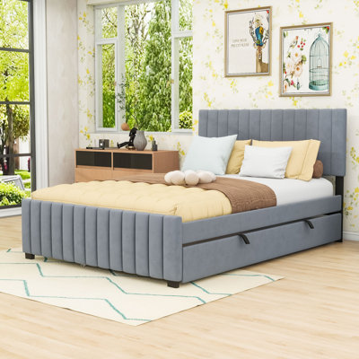 Grand lit plateforme tapissier avec lit gigogne simple TG et tête de lit