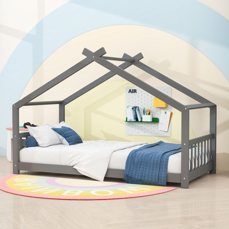 Lit de maison en bois avec toit, maisonnette semi-fermée, Simple, Gris