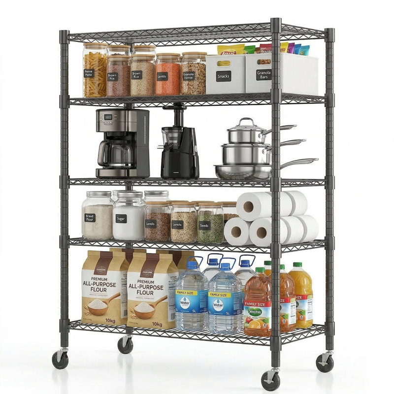 Yelena 90cm W Metal Shelving Unit with Wheels, 208cm H x 90cm W x 45cm D, Black