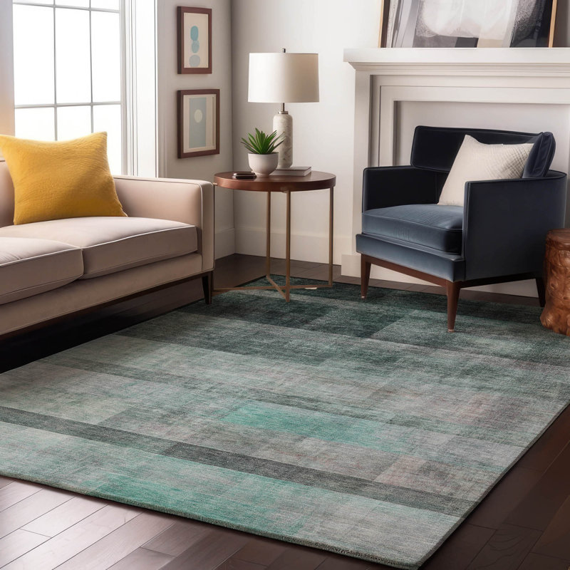 Premium Machine Washable Cerrito AMF568 Teal Rug, Rectangle 3' x 5'