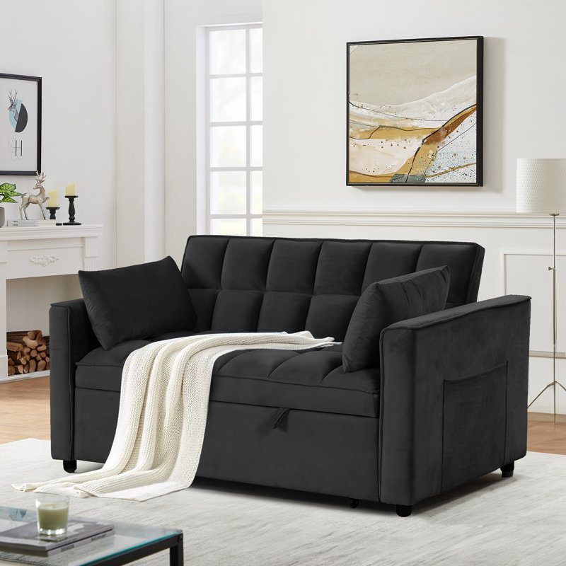 55.2'' Wide Modern Convertible Upholstered Tufted Sofa Bed With Two Accent Pillows, Black