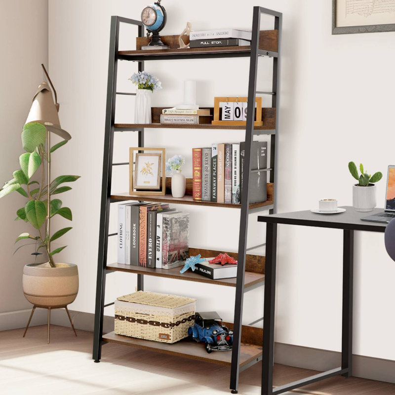 Industrial Ladder Shelf, Rustic 5 Tier Leaning Bookshelf, Wood Metal Ladder Bookcase, Plant Flower Stand Rack Book Storage Shelves For Living Room, Bedroom, Home Office